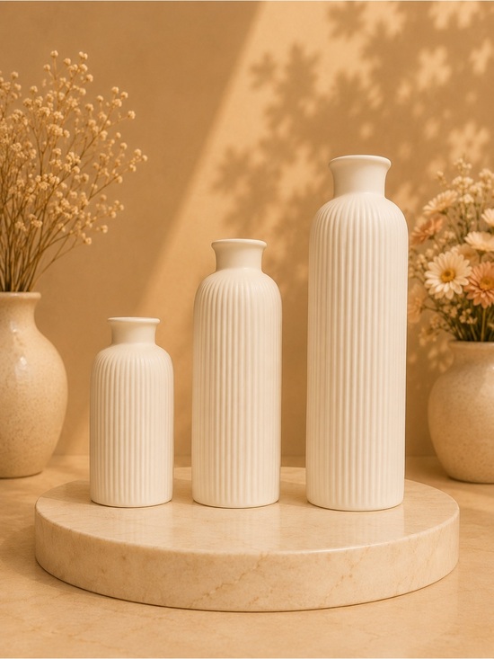 Other - Classic Cream Ceramic Ribbed Vase - Set of 3